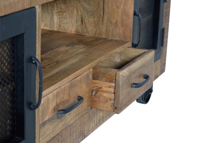 GINER Y COLOMER Meuble TV industriel en bois de manguier et métal, couleur naturel - 150 x 60 x 38 cm, structure en bois massif avec portes métal, finition artisanale